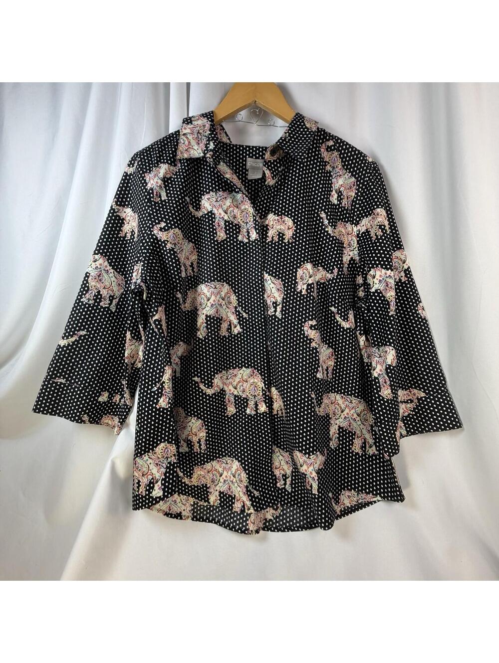 Chico's Blouse Black Polka Dot Pink Elephant Print  3/4 Length Sleeves Size 2 L